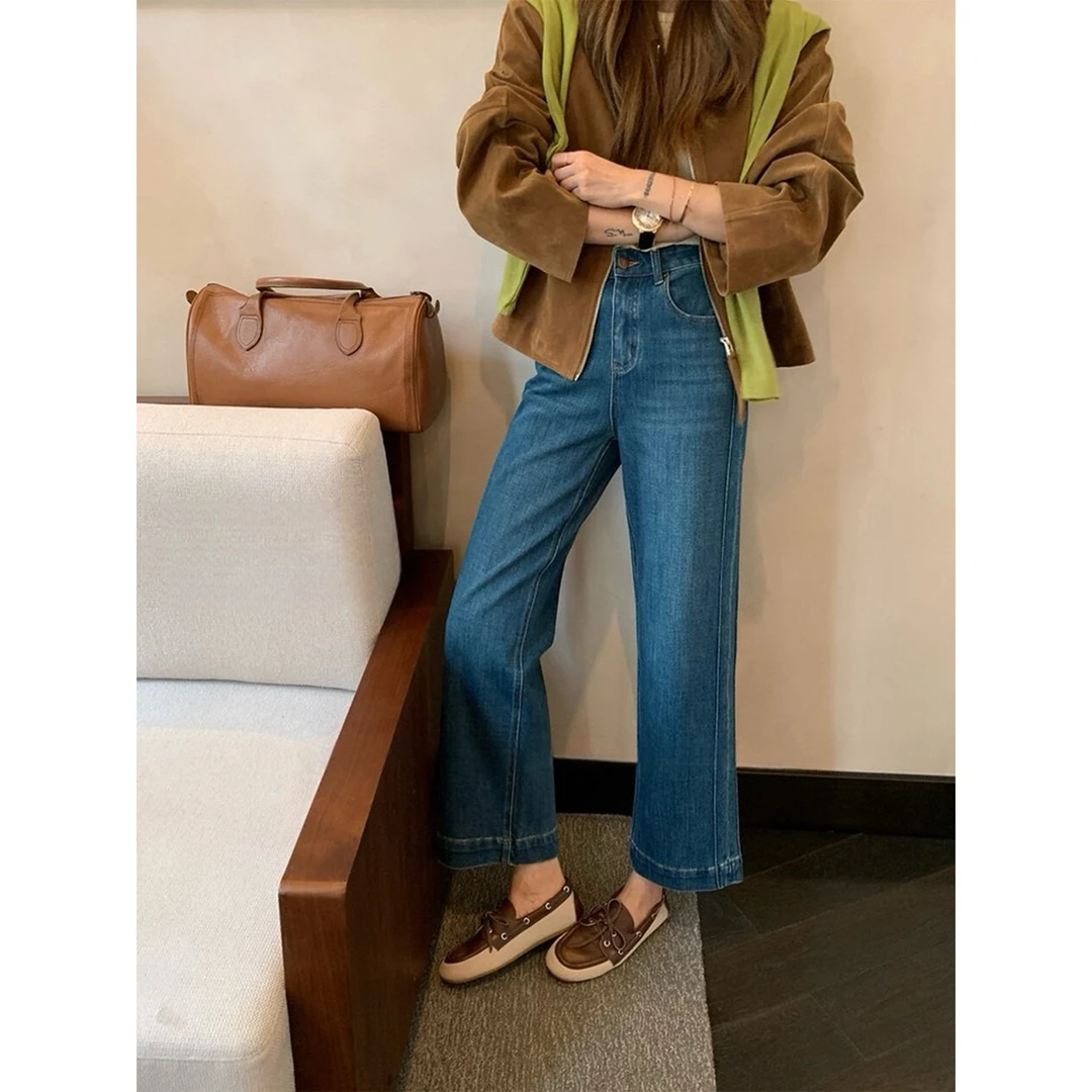 双经线加绒九分直筒裤秋冬新款胖mm梨形身材高腰显瘦弹力阔腿裤子