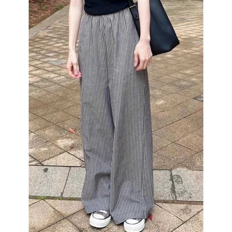灰色条纹阔腿裤女夏季薄款日系穿搭小个子棉麻裤子宽松运动休闲裤