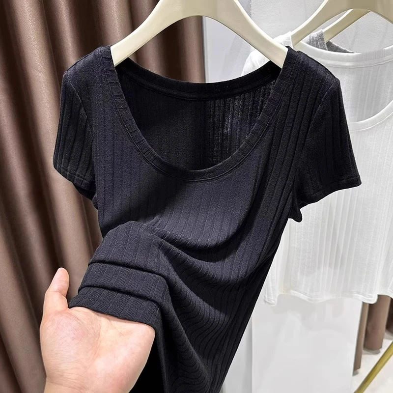 针织短袖T恤女夏季薄款低领露锁骨正肩大领口修身显瘦黑色上衣