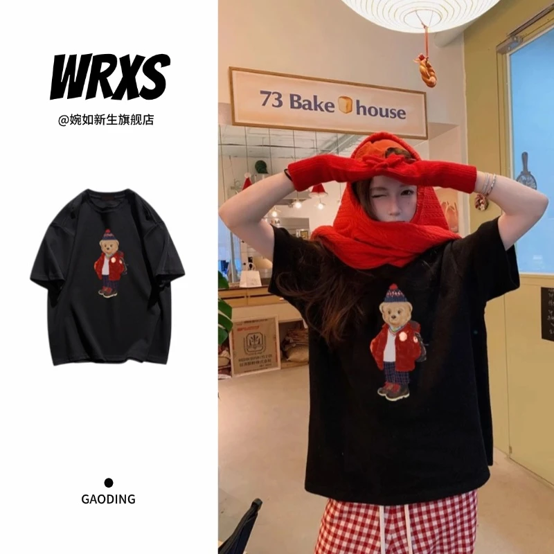 【婉如新生】黑色高街纯棉短袖t恤女2025夏季新款时尚别致休闲上衣