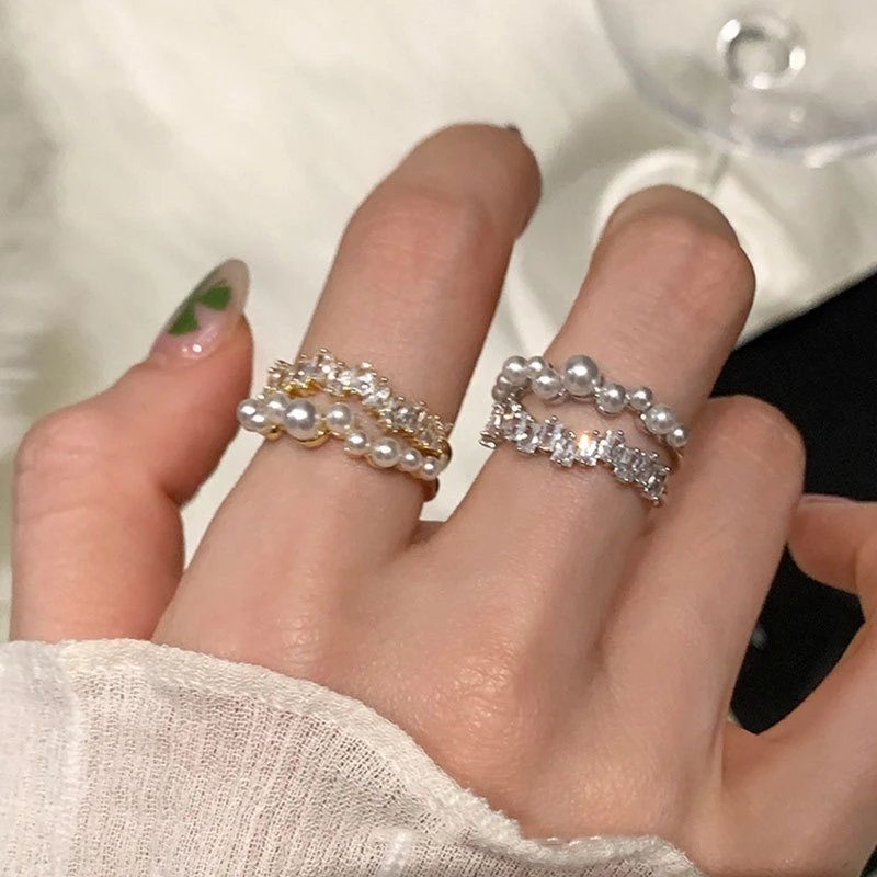 铜合金戒指 精品/锆石双层开口戒指女轻奢显白精致时尚百搭指环