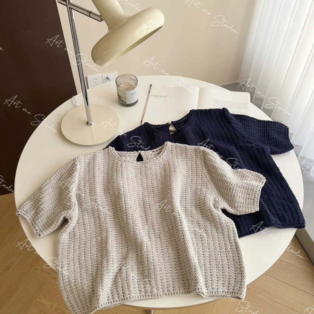 Artme瓜瓜呀【罗勒钩针两色纯色圆领半袖上衣】w24255