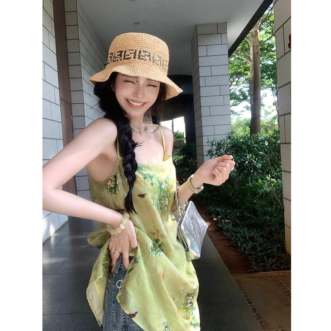 泠光濯碧重工珠片亮丝绣花人丝外套+吊带上衣新中式国风盘扣外套