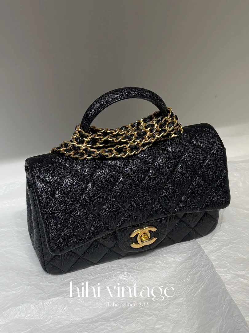 95新 Chanel/香奈儿 21S 黑金鱼子酱手柄CF大mini链条包11989970