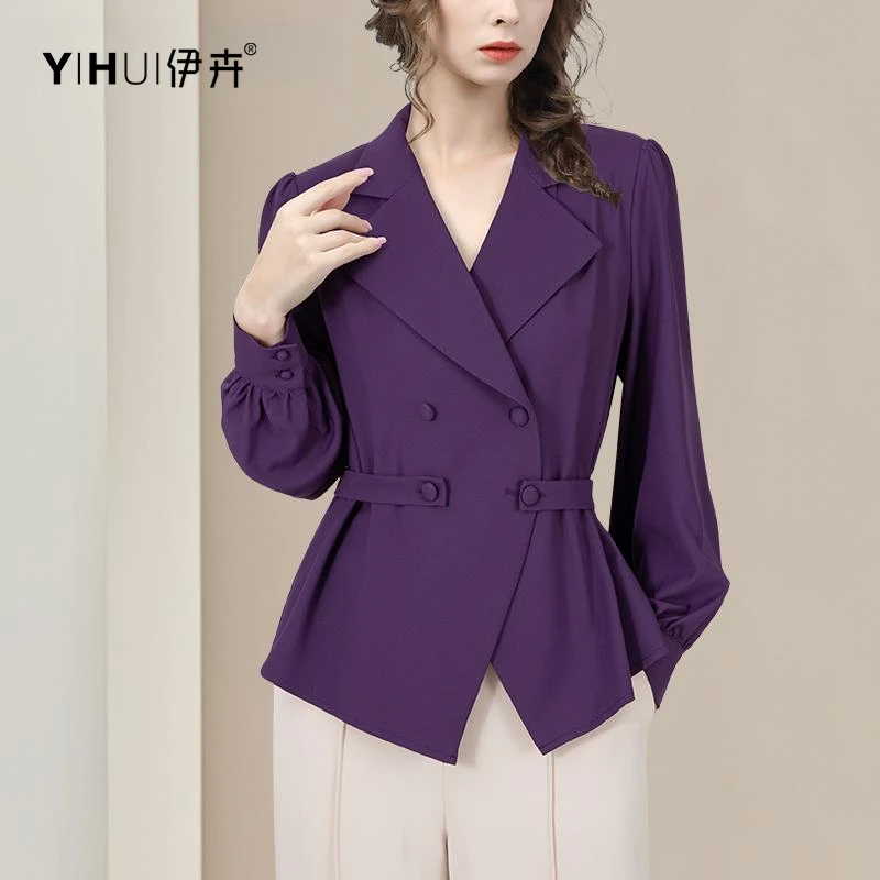 YIHUI伊卉春装设计感西装领收腰别致小西服衬衫外套上SL245197