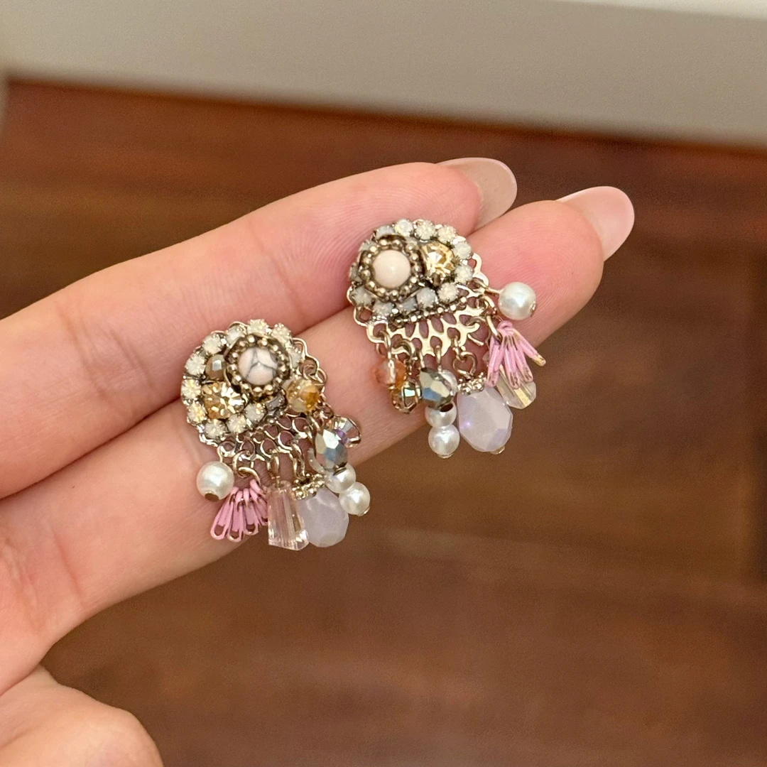 铜合金合成锆石耳饰 E0256 东大门手工时尚气质百搭粉色流苏耳环