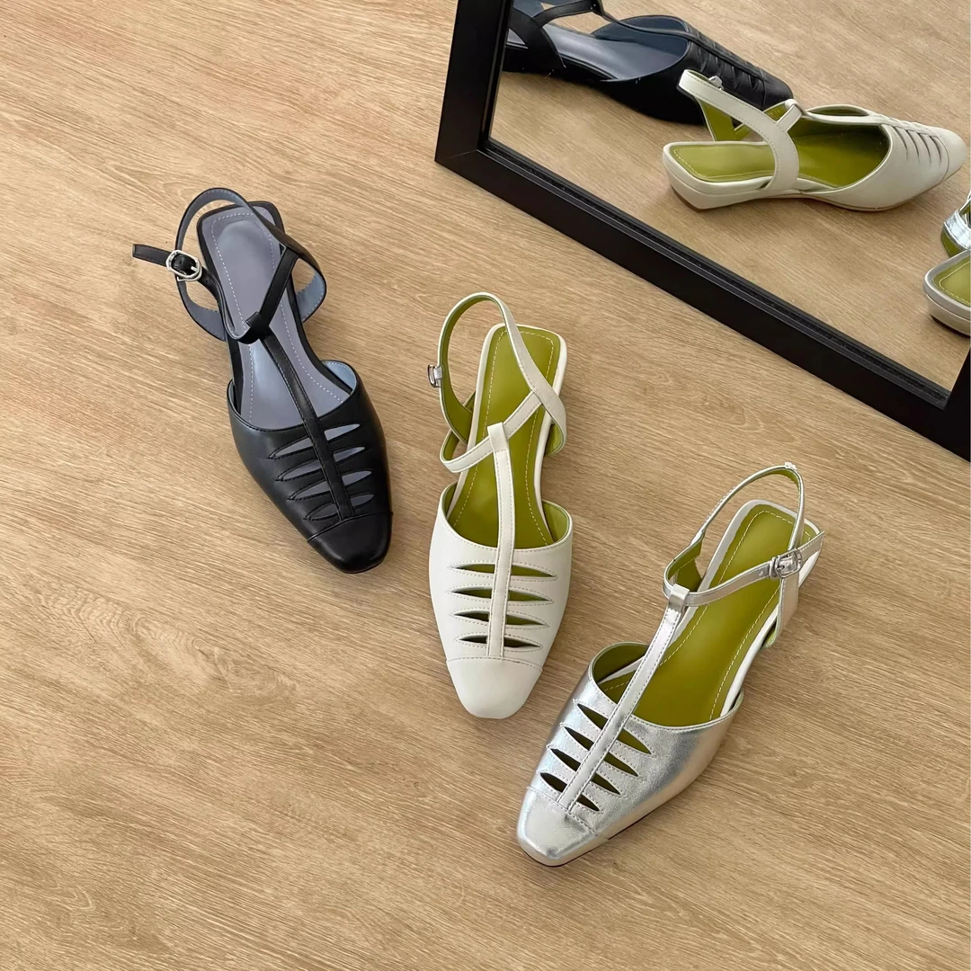 HUSSLOVE 羊皮·跟高3CM·韩系时尚百搭简约包头T字带镂空凉鞋