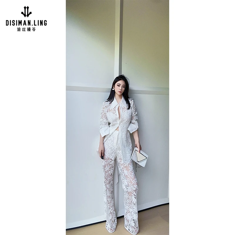 迪丝嫚苓白色蕾丝花卉套装轻薄透气轻奢复古高级感气质蕾丝小众款
