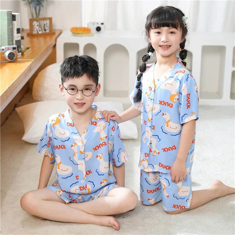 儿童长袖套装棉绸夏季宝宝男童家居服衣服女童睡衣服装童装hy