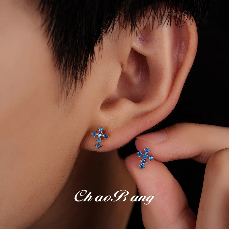 铜合金锆石耳饰 蓝色锆石十字架耳骨钉小众设计中性男女耳钉耳蜗