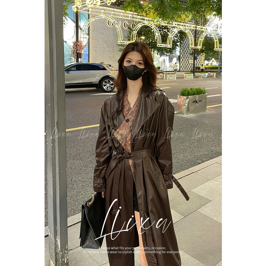 Liixu早秋新款美拉德穿搭气质中长款皮衣风衣外套马甲套装PU1323