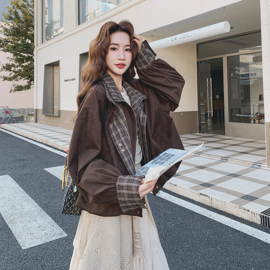 复古格纹拼接假两件短外套女2025秋季新款韩系慵懒松弛感休闲夹克