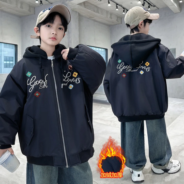 男童外套加厚加绒刺绣冬季风衣女童秋季外套厚款夹克中大童男连帽