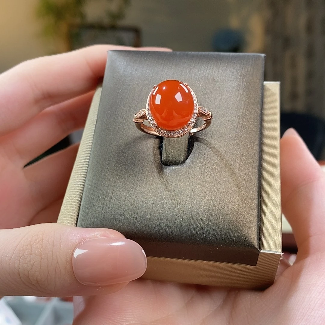 南红玛瑙银S925镶嵌手链戒指原矿冰红