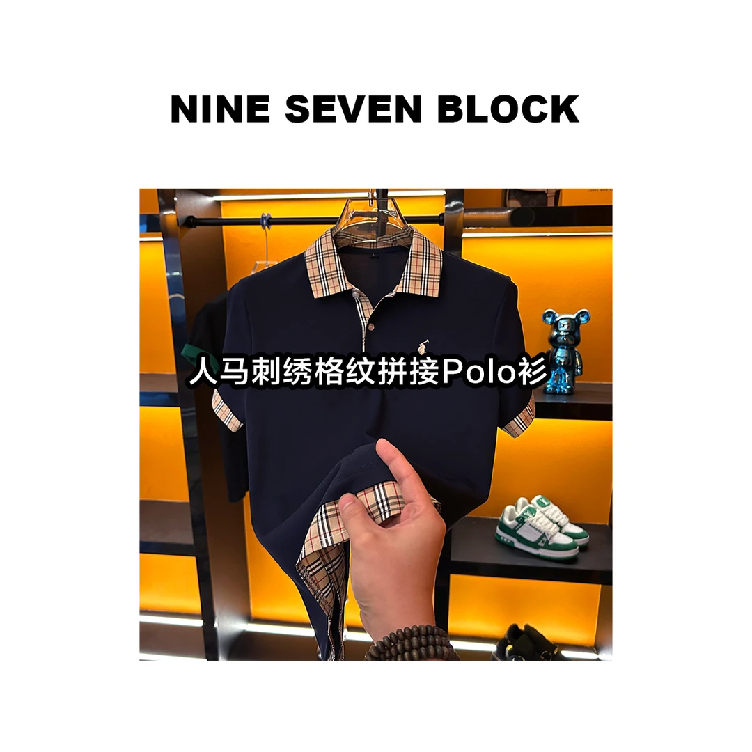 人马刺绣标格纹拼接Polo衫1103