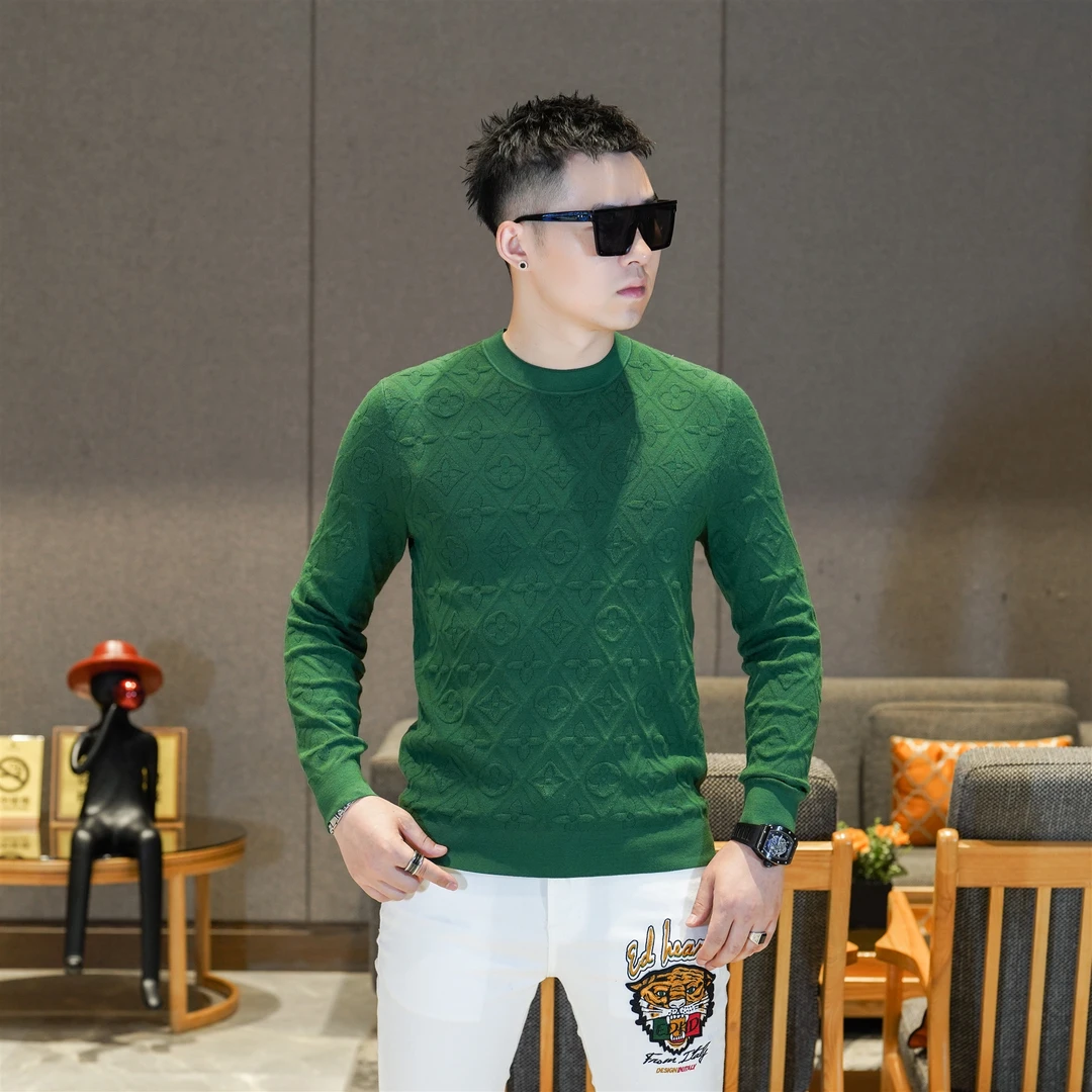 秋冬新品男装重工提花设计感绿色针织打底衫彩色毛衣潮男GL89766