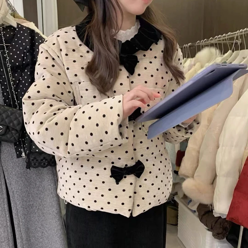 韩系甜美波点丝绒棉服女2025冬季新款加厚减龄保暖棉袄外套 8779