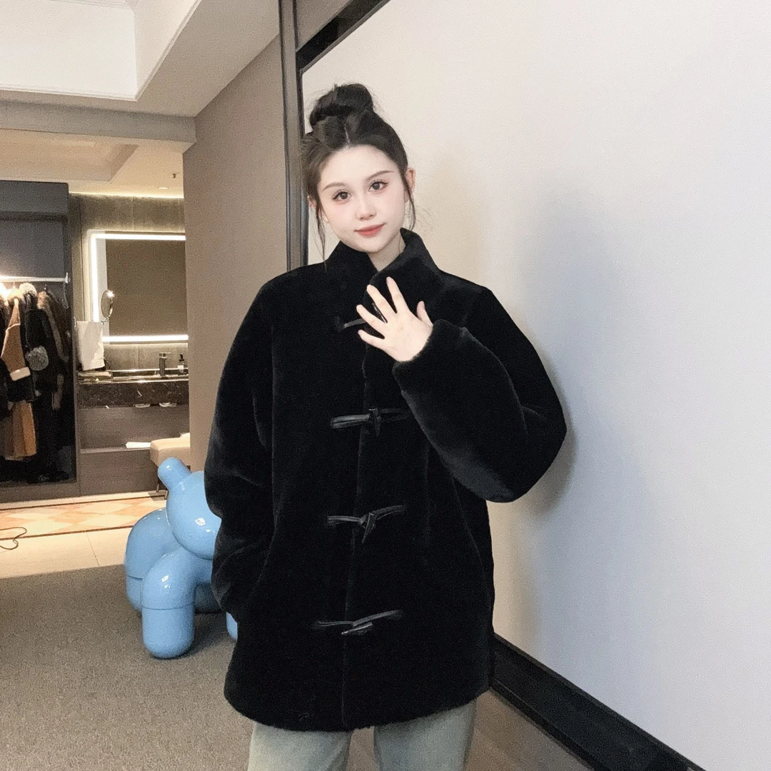 YJJL2066皮毛一体外套女真皮羊羔毛韩版牛角扣立领单排扣皮草