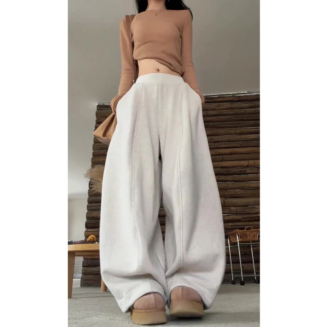 加绒加厚杏色垂感阔腿卫裤女冬季新款高腰宽松显瘦百搭休闲拖地裤