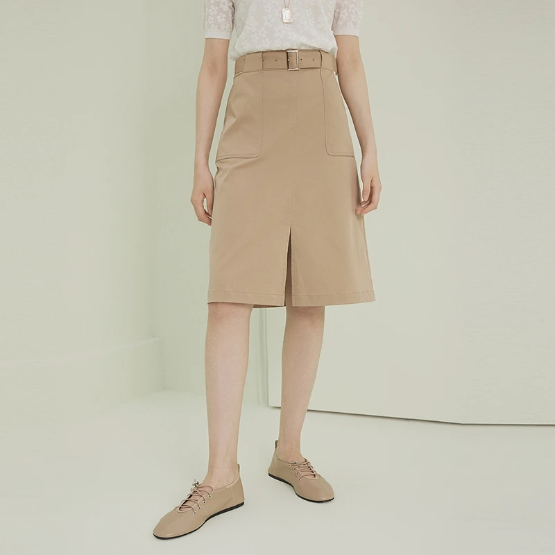 FS通勤大口袋宽压线开衩直筒半身裙女25夏新款3532A