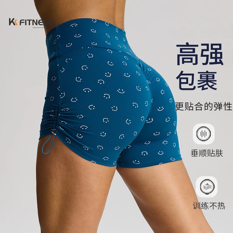 kk fitness健身裤女高腰提臀蜜桃臀运动裤欧美三分运动短裤细带夏