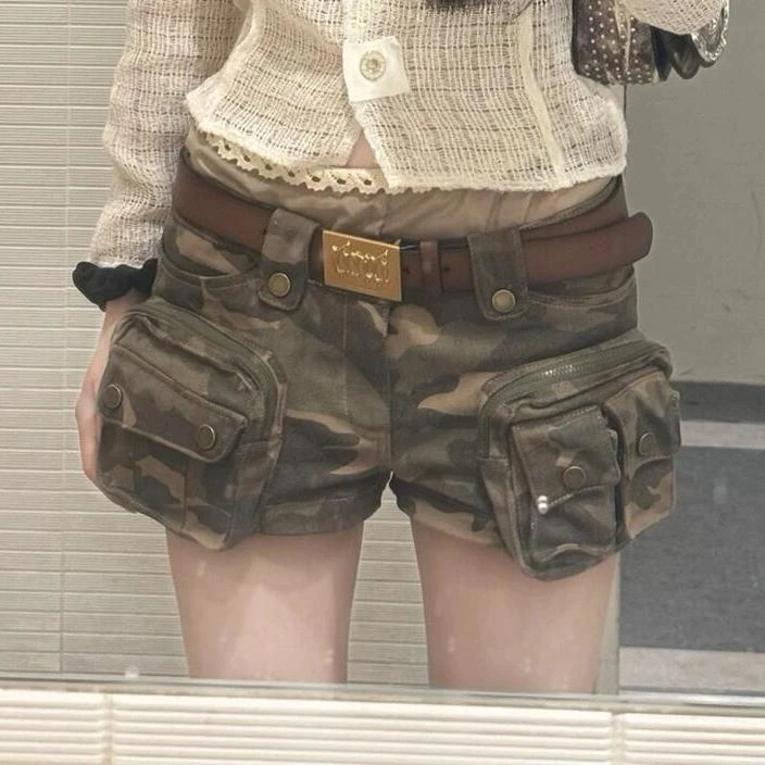 欧美式复古y2k千禧辣妹风迷彩短裤女夏季设计感重工口袋工装裤子