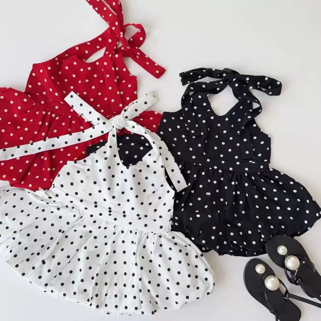 女童花苞蓬蓬荷叶边波点吊带衫无袖挂脖背心上衣小辣中小童连衣裙