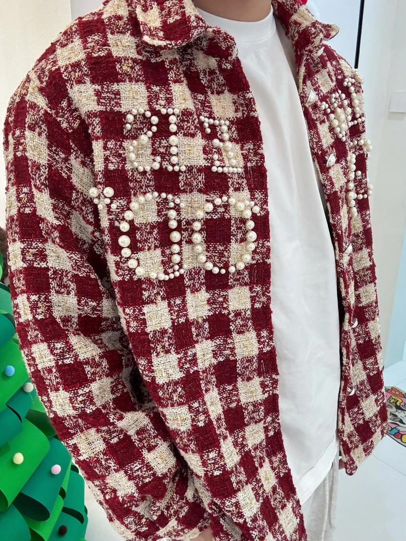 潮牌买手店哈尔格纹珍珠长袖衬衫小香风红色格子衫男女