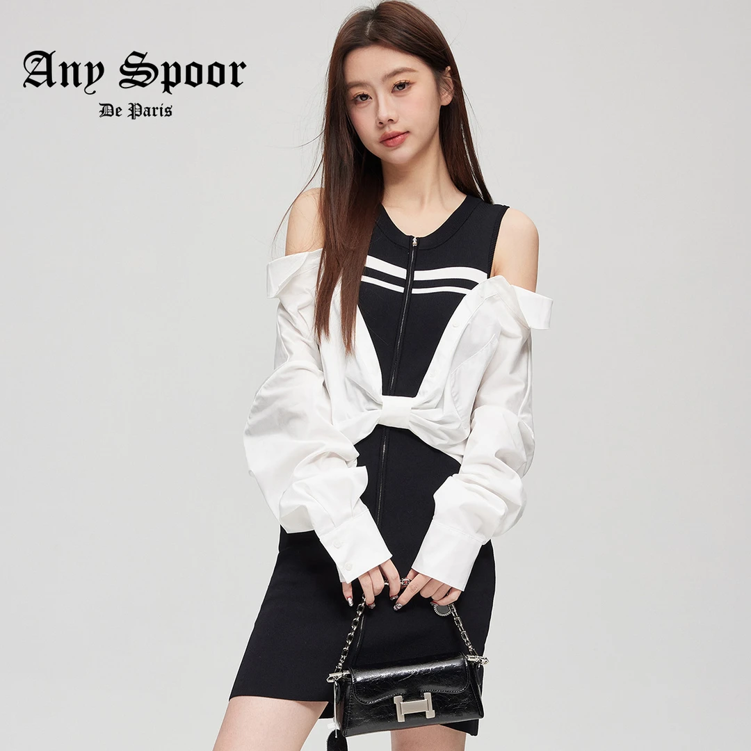 【ANY SPOOR】休闲时尚圆领显瘦长袖衬衫针织假两件84A613