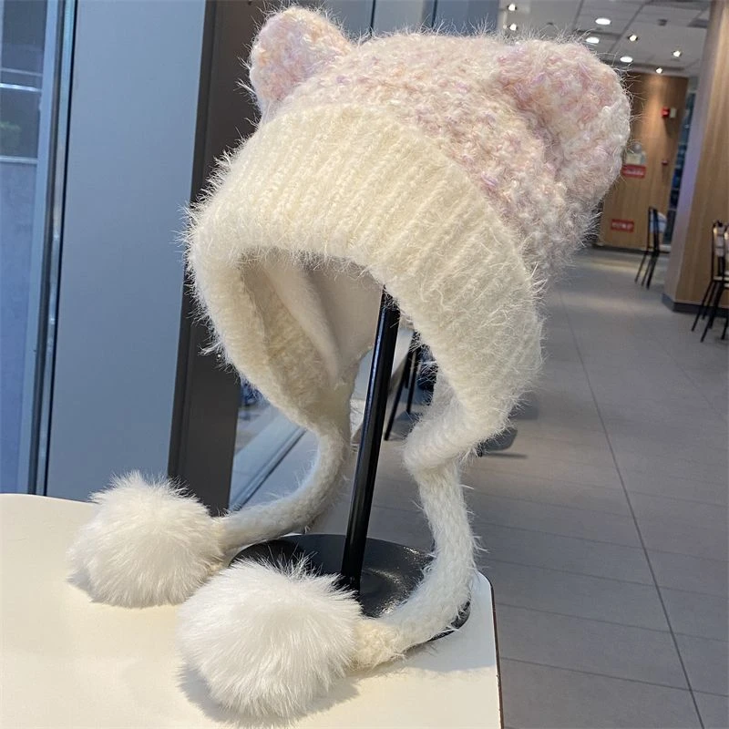 新款甜美可爱耳朵针织帽女秋冬季骑车加绒护耳帽保暖套头雷锋帽cy
