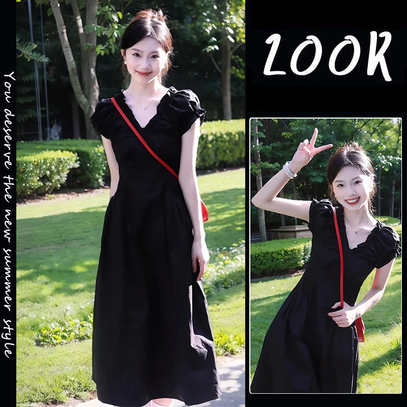 黑色高级感V领连衣裙长款夏女2025新款法式收腰显瘦赫本风茶歇裙