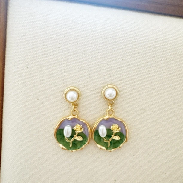 铜合金无非金属耳饰 法式莫奈花园彩色滴油立体玫瑰油画耳环