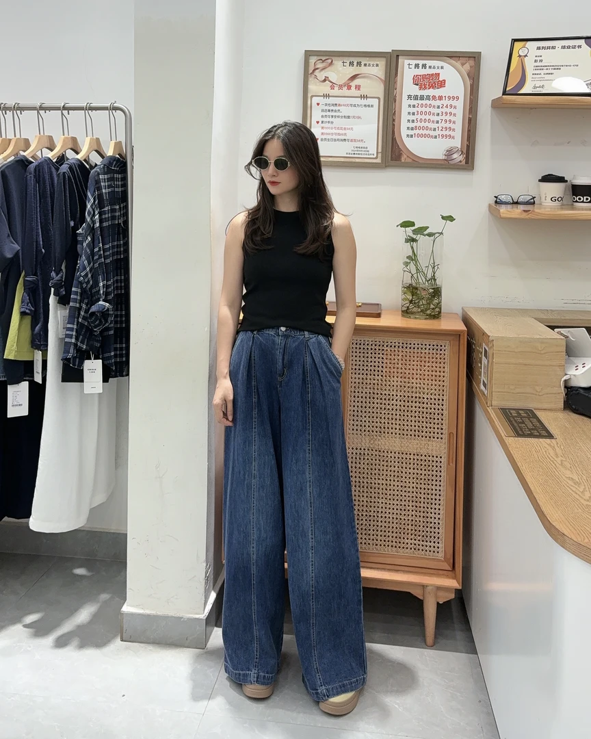 早秋小个子高腰复古牛仔阔腿裤同款牛仔裤宽松裤子百搭