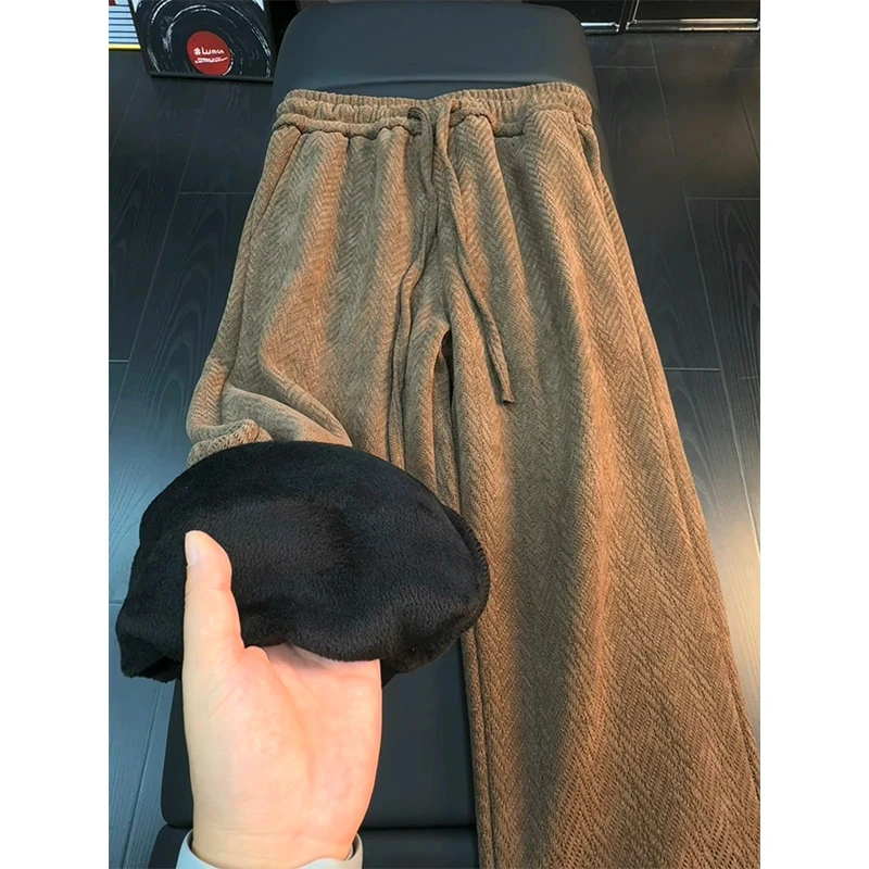美拉德咖色人字纹休闲裤男秋冬加绒美式复古垂感裤子阔腿针织卫裤