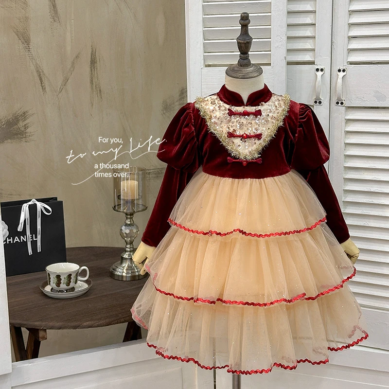 女童连衣裙2025秋季新款生日礼服公主裙小女孩蓬蓬蛋糕裙P2430