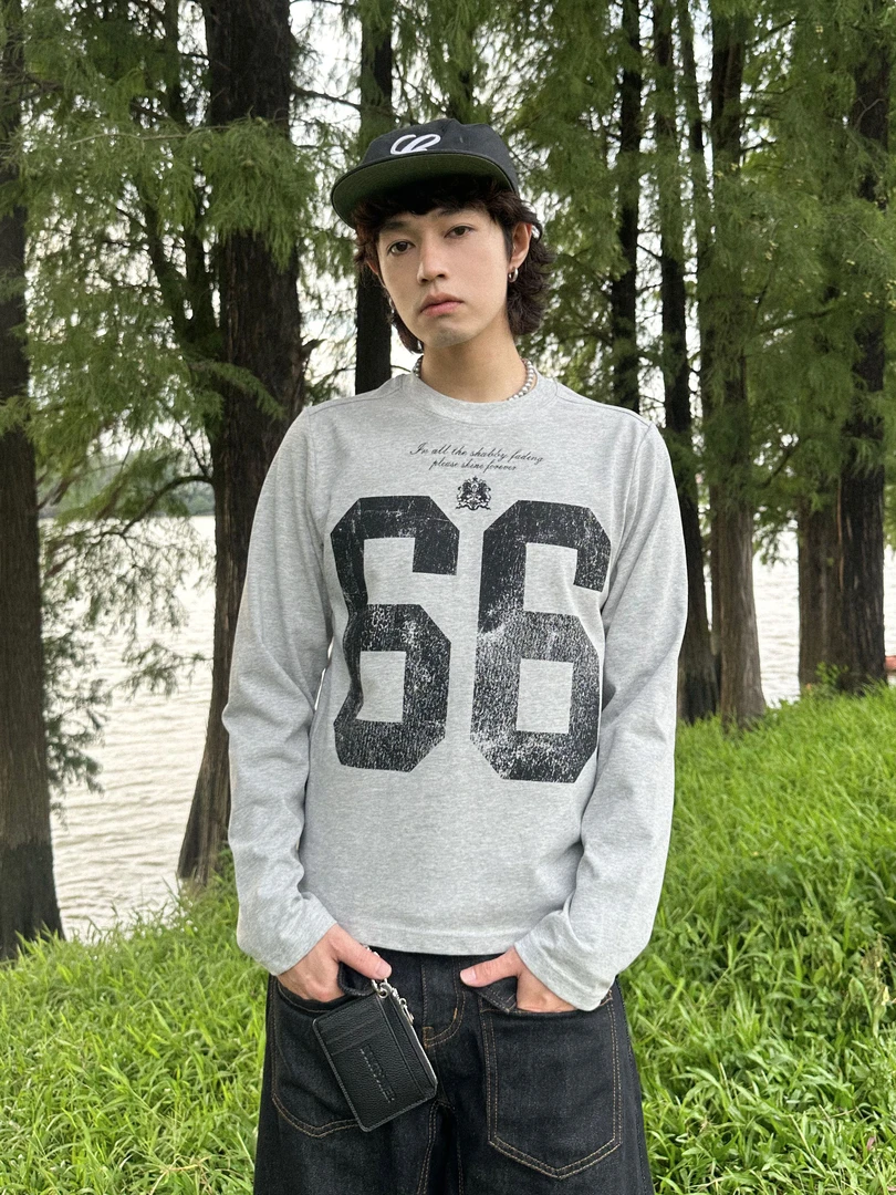 RKAI原创新款美式复古数字印花长袖秋季T恤休闲百搭短款打底衫潮