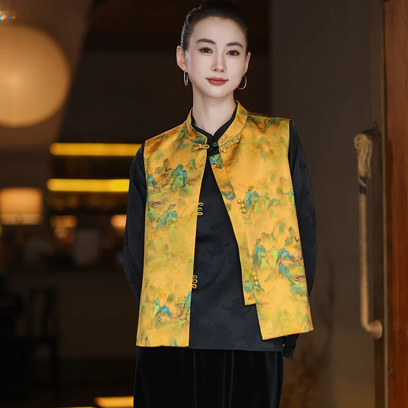 [万里江山图]新中式国风复古提花盘扣马甲女2025秋季新款宽松气质