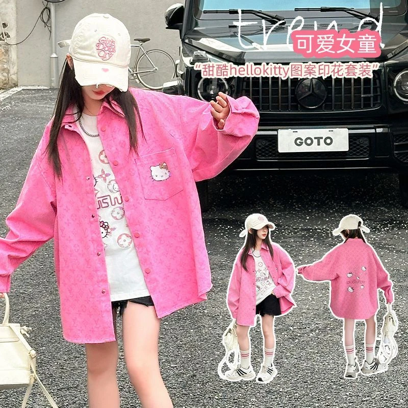 女童甜酷HelloKitty图案印花T恤春季款中大童粉色牛仔衬衫两件套