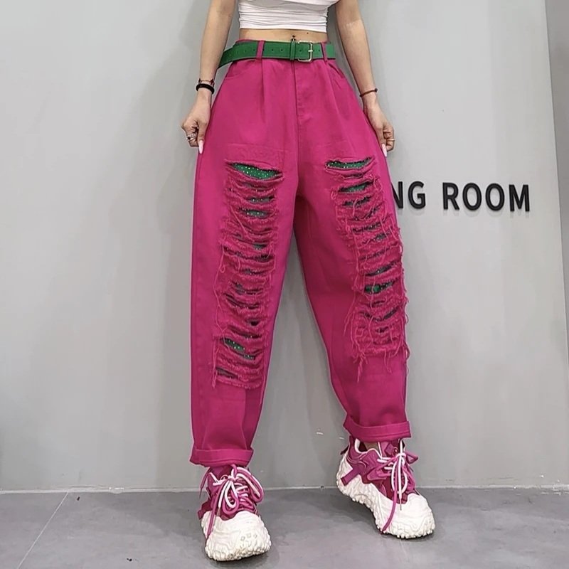 春季亮钻破洞牛仔裤女2025宽松显瘦阔腿裤高级感小个子长裤-116