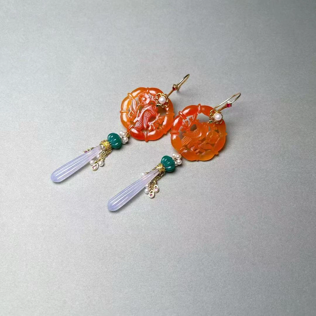 中式复古耳饰清代玛瑙18k金耳饰