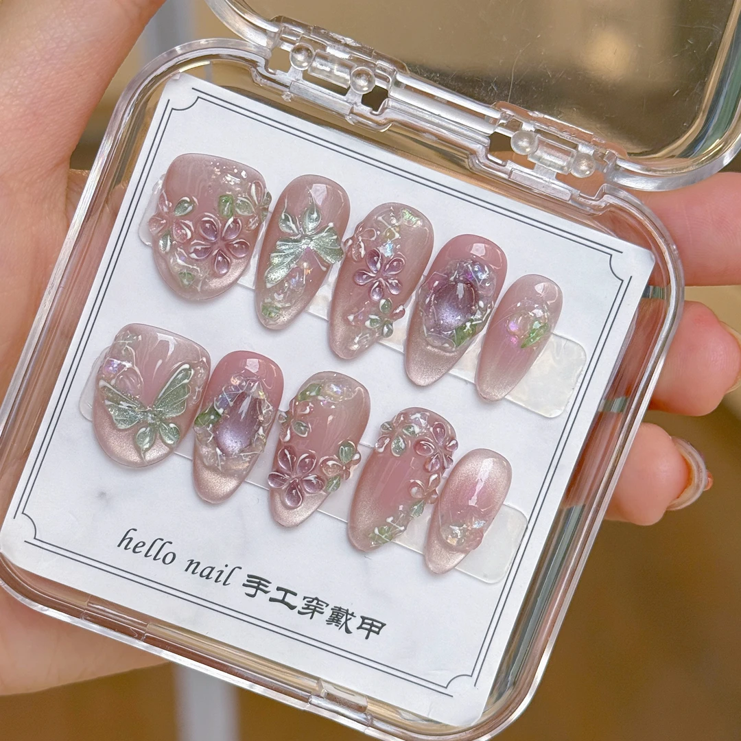 琉璃花开  清透纯欲气质琉璃猫眼冰花款纯手工穿戴甲