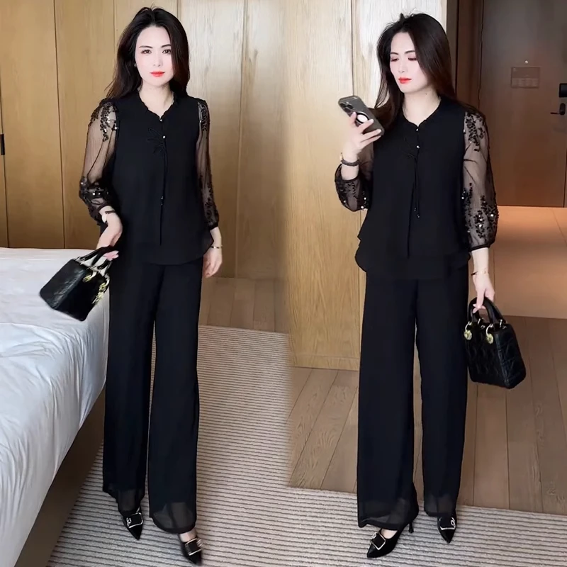 时尚套装女2025春夏新款时髦洋气网纱七分袖上衣阔腿裤显瘦两件套