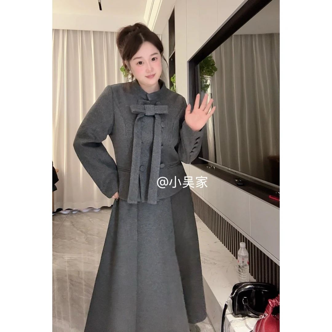 「小吴家」韩系高级感毛呢蝴蝶结显瘦气质套装两件套