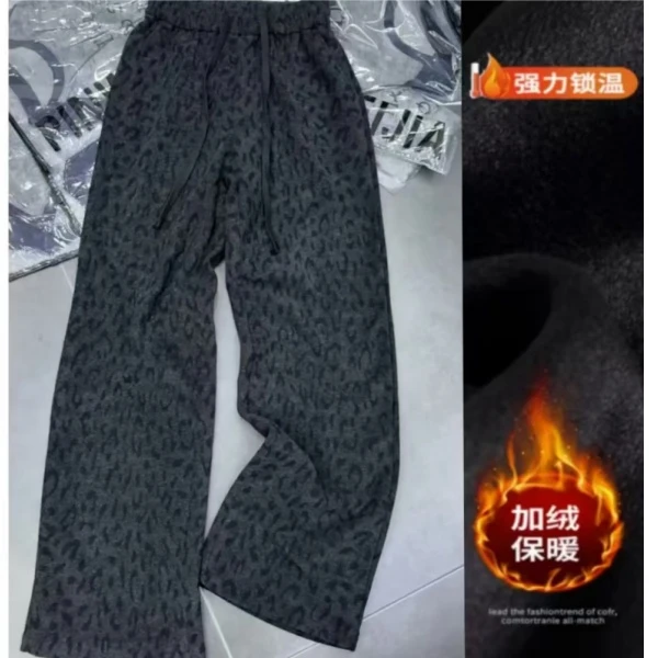 今年流行豹纹印花休闲裤2025年秋冬加绒高腰显瘦窄版阔腿裤