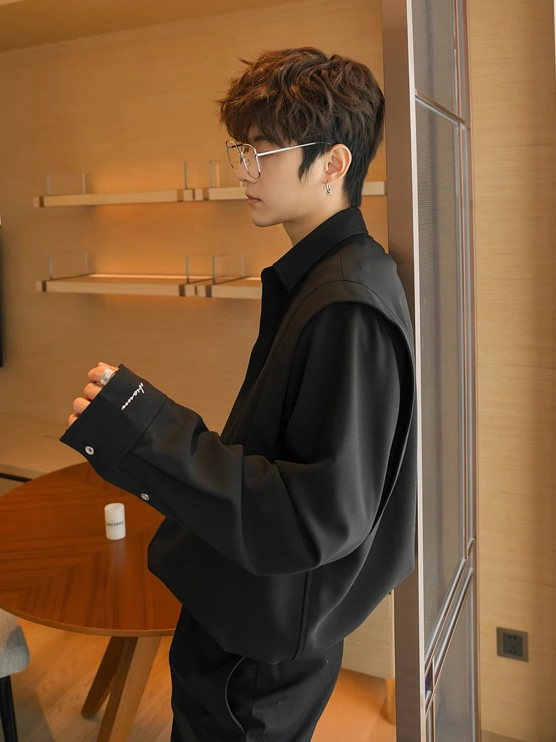 男装春季痞帅休闲衬衫高级感衬衣设计感男士假两件男士黑衬衫外套