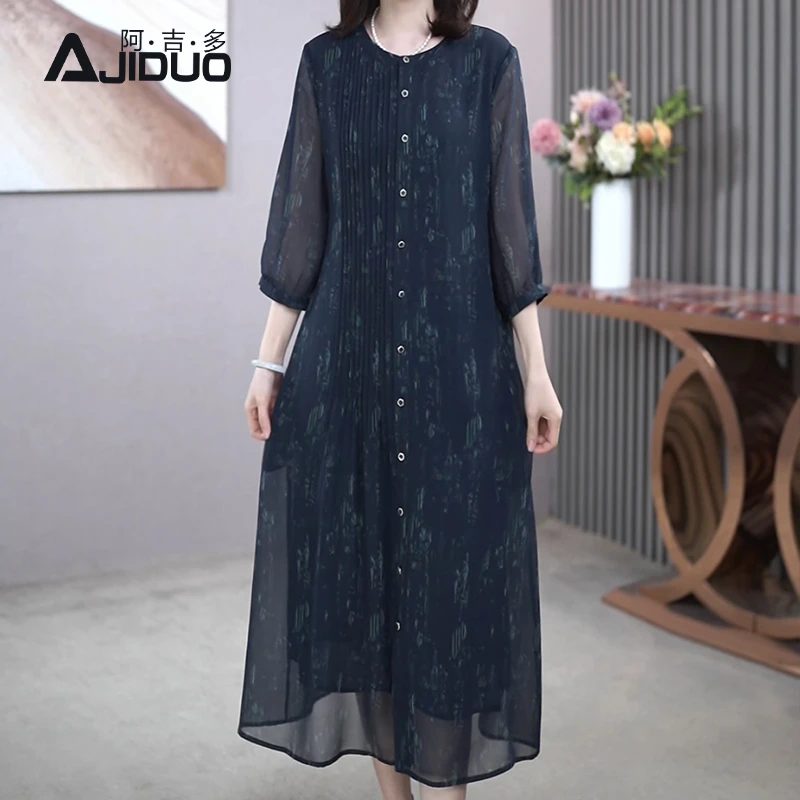 A32307阿吉多七分袖印花连衣裙女新款妈妈装高级气质初秋大码裙子