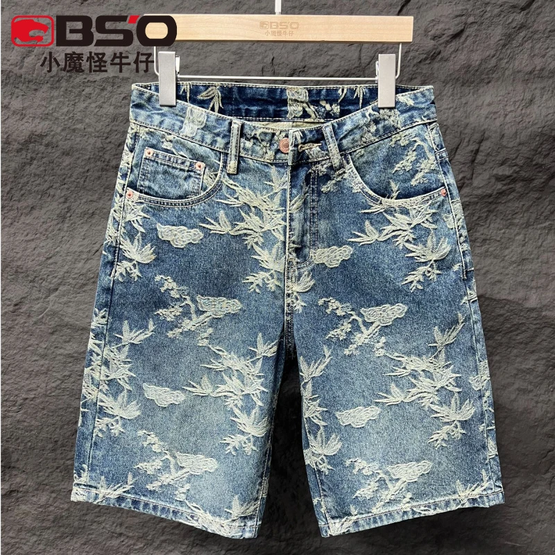 小魔怪夏季祥云枫叶提花牛仔短裤男款宽松直筒中国风纯棉五分中裤