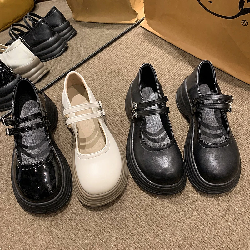 玛丽珍鞋英伦风黑色小皮鞋粗跟浅口一字带单鞋圆头厚底乐福鞋女鞋