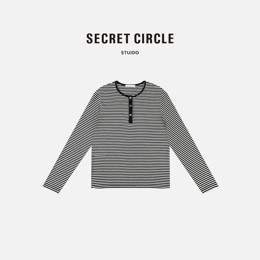 SECRET CIRCLE·秘社 莱赛尔天丝气质条纹长袖T恤撞色领边19122