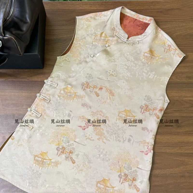 烟雨江南 新中式轻奢气质立领斜襟人丝老料飞袖奥黛上衣女